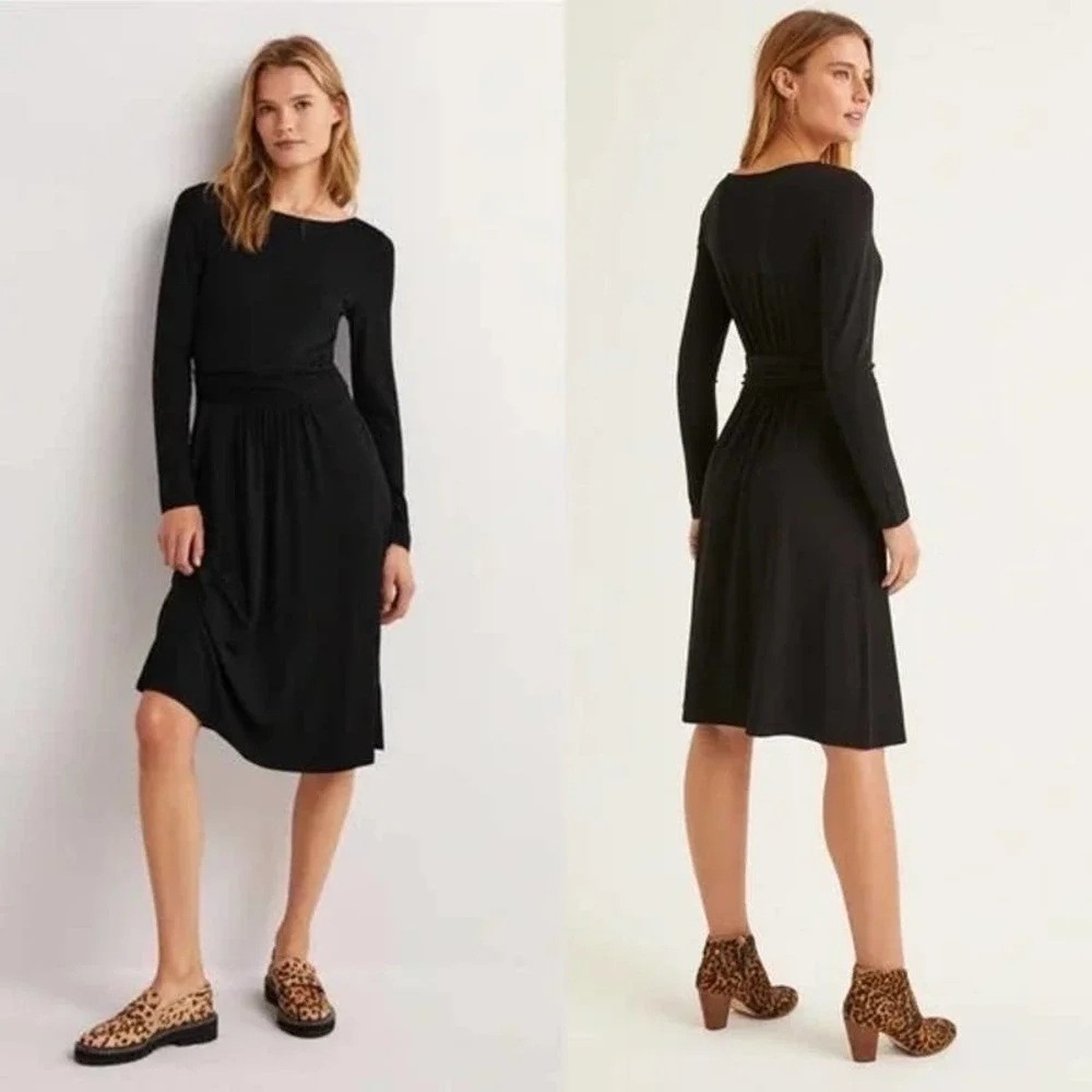 NWT Boden Abigail Jersey Dress Size 14R Black Long Sleeve Ruched Waist